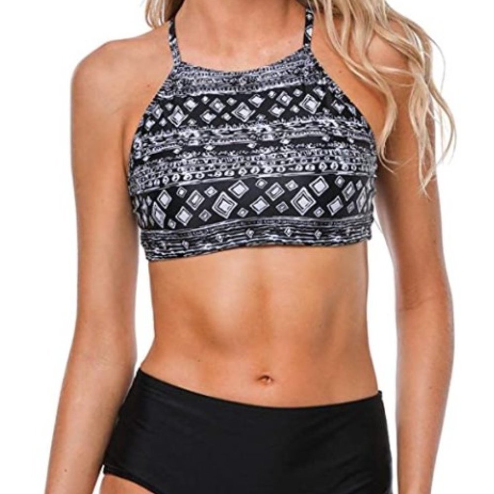 Women's Black Tribal High Neck Crop Bikini Top Mid Waist Bottom 2 Piece Bikini